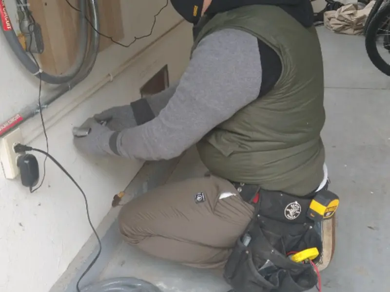 Electrician performing outlet wiring in a Chesapeake garage